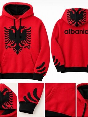 Source Unknown Red Hoodie with Black Albanian Eagle Graphic